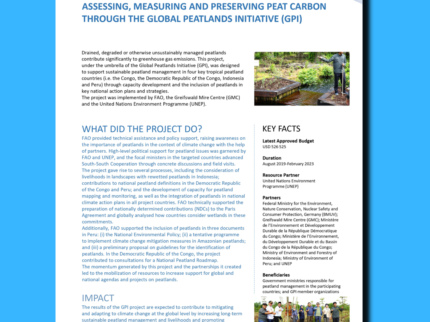 Assessing, Measuring, and Preserving Peat Carbon Through The Global Peatlands Initiative (GPI) Factsheet Cover
