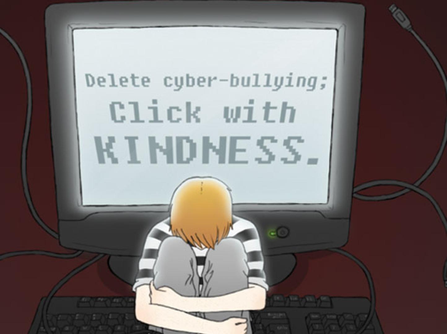 Illustration showing a person sitting on the floor in front of a large computer monitor with their knees drawn to their chest, conveying sadness or distress. The computer screen displays a positive message in gray pixelated text: “Delete cyber-bullying; Click with KINDNESS.” The background is dark red, and computer cables are visible extending from the monitor and keyboard, symbolizing the digital environment. The image advocates for online empathy, encourages viewers to combat cyberbullying with kindness