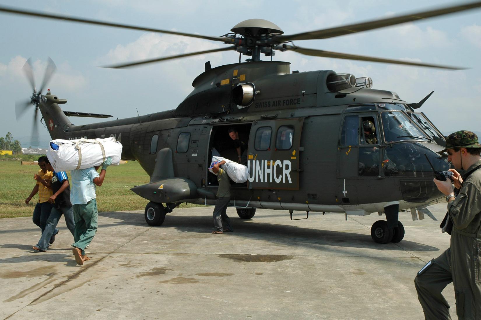 On Monday, January 17, 2005, a Super Puma helicopter, part of the Swiss Air Force's fleet, made a significant landing at the military airfield in Meulaboh, Indonesia and carried emergency core relief items from UNHCR, such as blankets and shelter kits. This event marked the beginning of a crucial humanitarian mission to assist the areas severely affected by the devastating tsunami that struck the region just weeks earlier, on December 26, 2004.