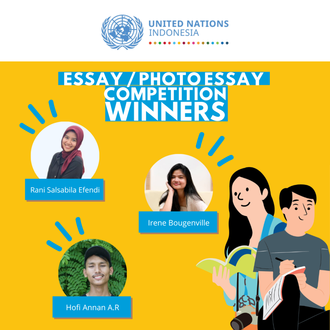 Poster United Nations Indonesia yang menampilkan gambar ketiga pemenang lomba esai/esai foto (dua perempuan dan satu laki laki)