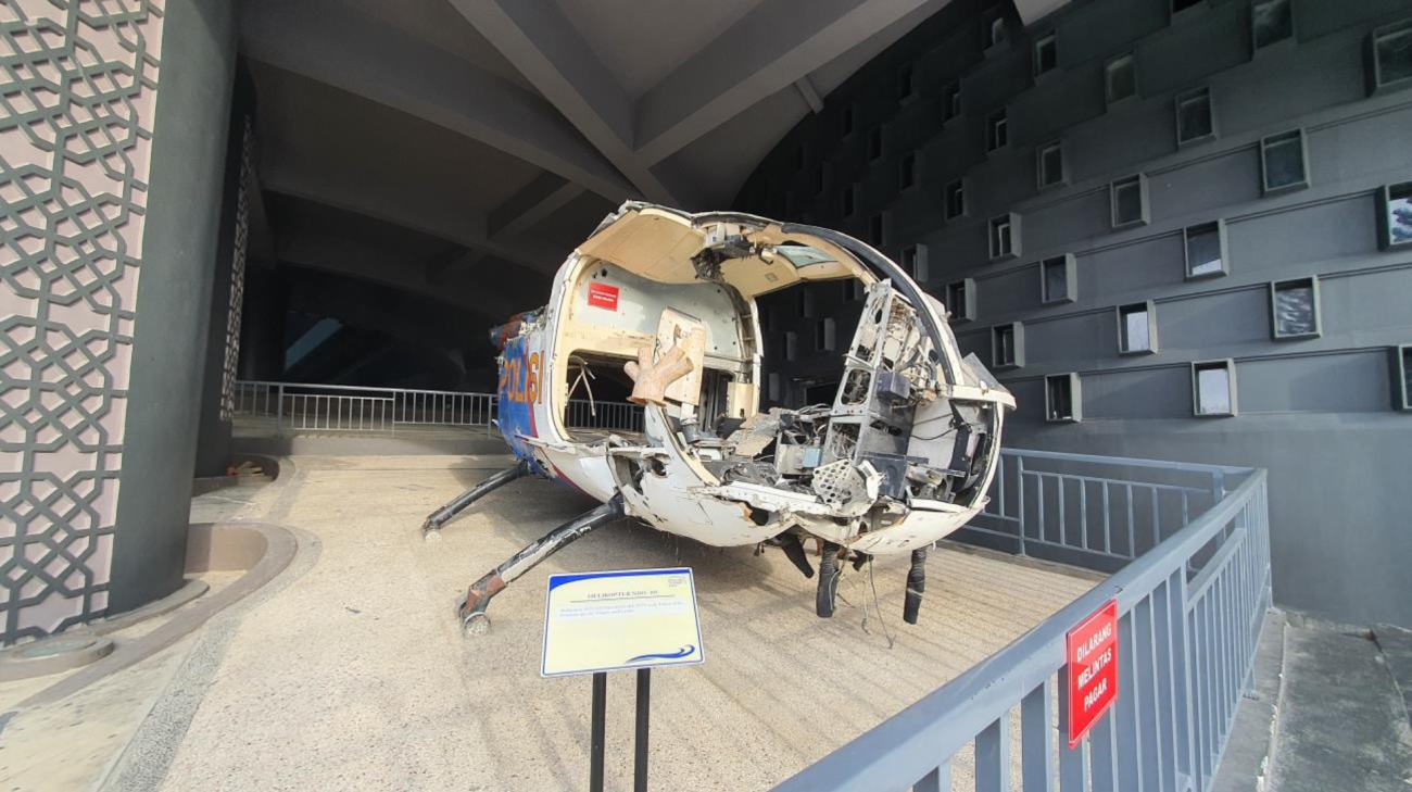 Remnants of the helicopter wrecked by the Aceh Tsunami are showcased at the Aceh Tsunami Museum.