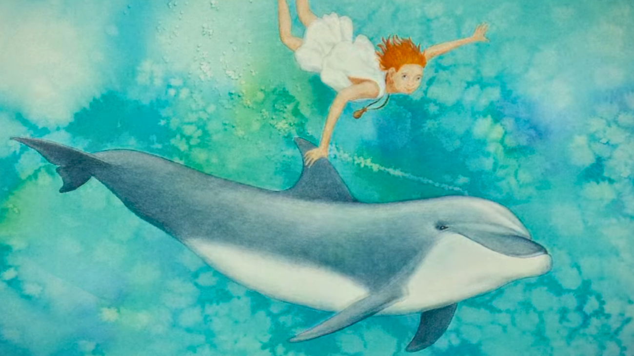 Illustration from the Story titled Historias dos Roazes do Sado by Raquel Gaspar and Marcos Oliveira that show a girl and a dolphin are flying together