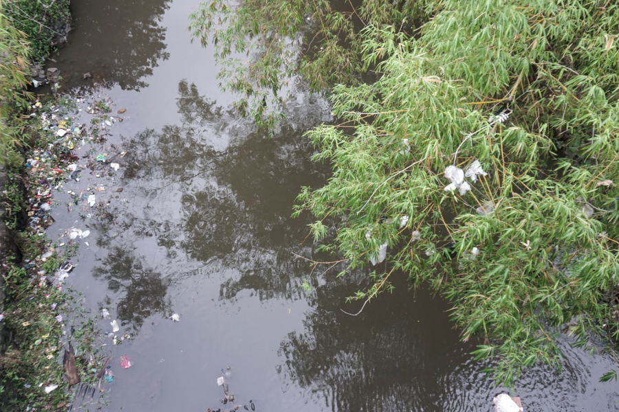 Sebuah sungai setempat dipenuhi dengan sampah plastik. Beberapa sampah tersangkut di pinggir sungai dan pepohonan terdekat.