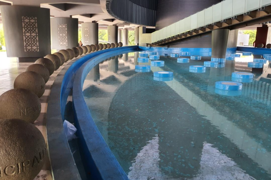 Countries' names are engraved in stones surrounding a water fountain at the Aceh Tsunami Museum, symbolizing “Thank You” to the nations that have helped Aceh recover.