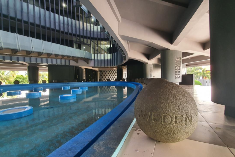 Countries' names are engraved in stones surrounding a water fountain at the Aceh Tsunami Museum, symbolizing “Thank You” to the nations that have helped Aceh recover.