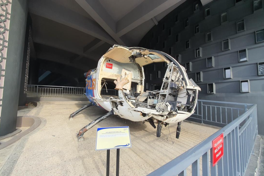 Remnants of the helicopter wrecked by the Aceh Tsunami are showcased at the Aceh Tsunami Museum.