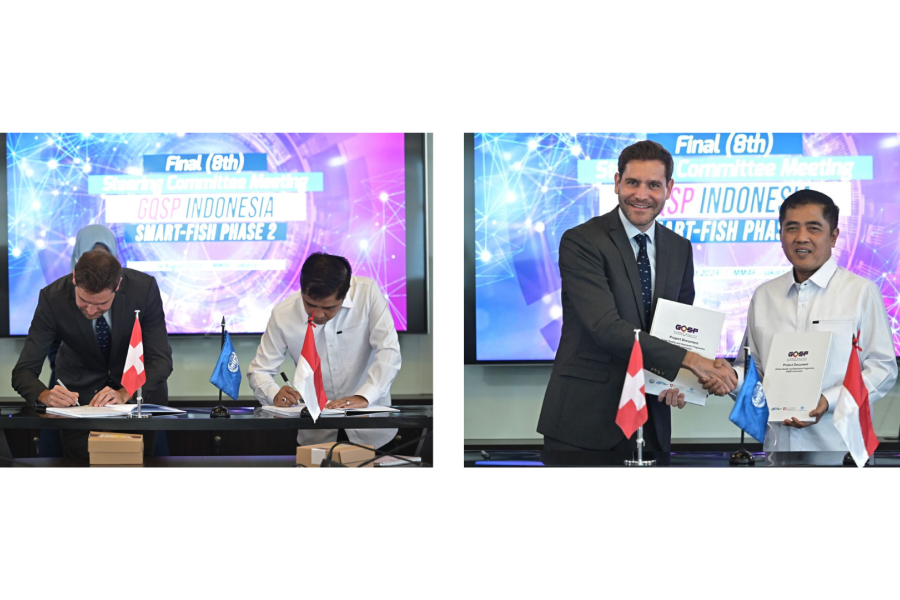 The signing of the Project Document for GQSP Phase 2 by Mr. Philipp Orga, Head of Economic Cooperation and Development, Embassy of Switzerland in Indonesia as the donor, and Mr. Budi Sulistiyo, Director General of Marine and Fisheries Product Competitiveness (PDSPKP) at the Ministry of Marine Affairs and Fisheries, Republic of Indonesia