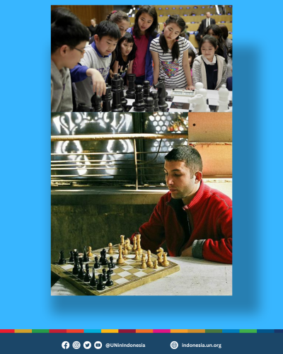 Left: Young chess players from New York City in the UN "Fighting stereotypes with Judit Polgar, Planet 50-50 Champion" event, 2017. Right: A young man playing chess in Yerevan, Armenia.