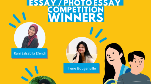 Poster United Nations Indonesia yang menampilkan gambar ketiga pemenang lomba esai/esai foto (dua perempuan dan satu laki laki)