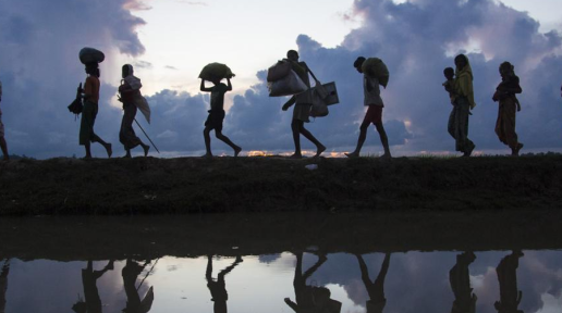 Rohingya refugees fleeing conflict and persecution walk towards the Kutupalong refugee settlement.