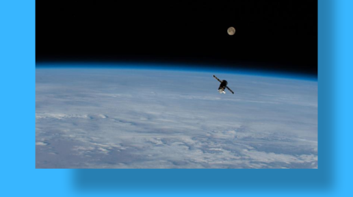 ISS Progress 75 resupply ship, with the full Moon above the Earth's horizon, is pictured separating from the International Space Station shortly after undocking from the Zvezda service module.
