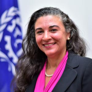 Simrin Singh posing in front of ILO flag